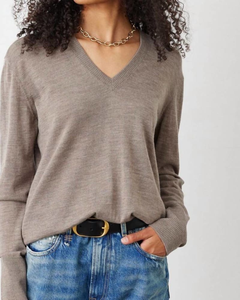 Front of a model wearing a size L Evelyn Merino V-Neck Sweater in Otter in Otter by NOT MONDAY. | dia_product_style_image_id:343621